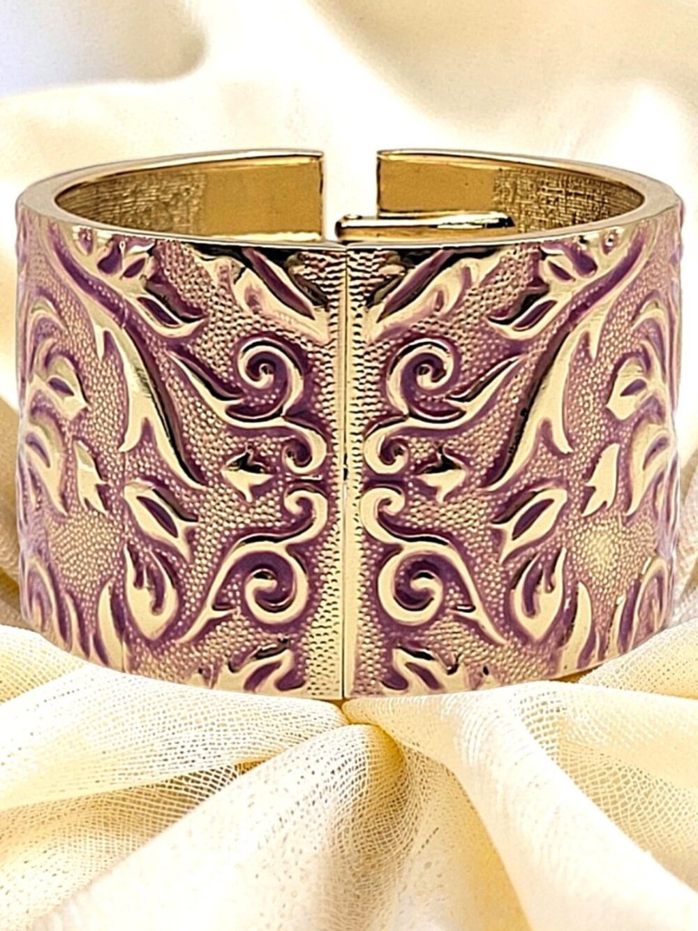 Gold Relief Cuff Bracelet | Embossed Floral Scroll